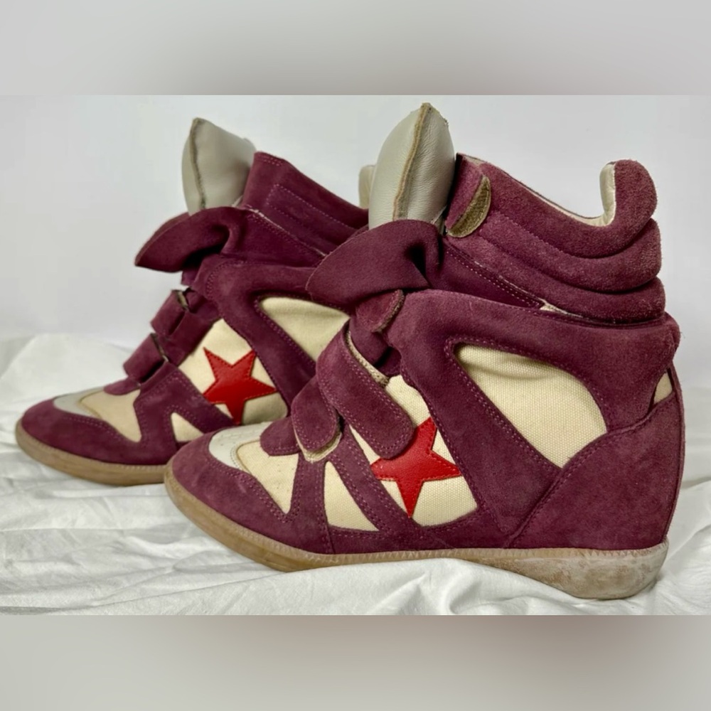 Isabel Marant cream/Burgundy Suede And Leather Bekett Wedge Sneakers Size 39